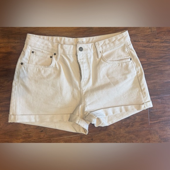 Sezane Niels Ecru Denim Cuffed Shorts Button Fly Relaxed Luxe Size 40 US 8 - Picture 1 of 12